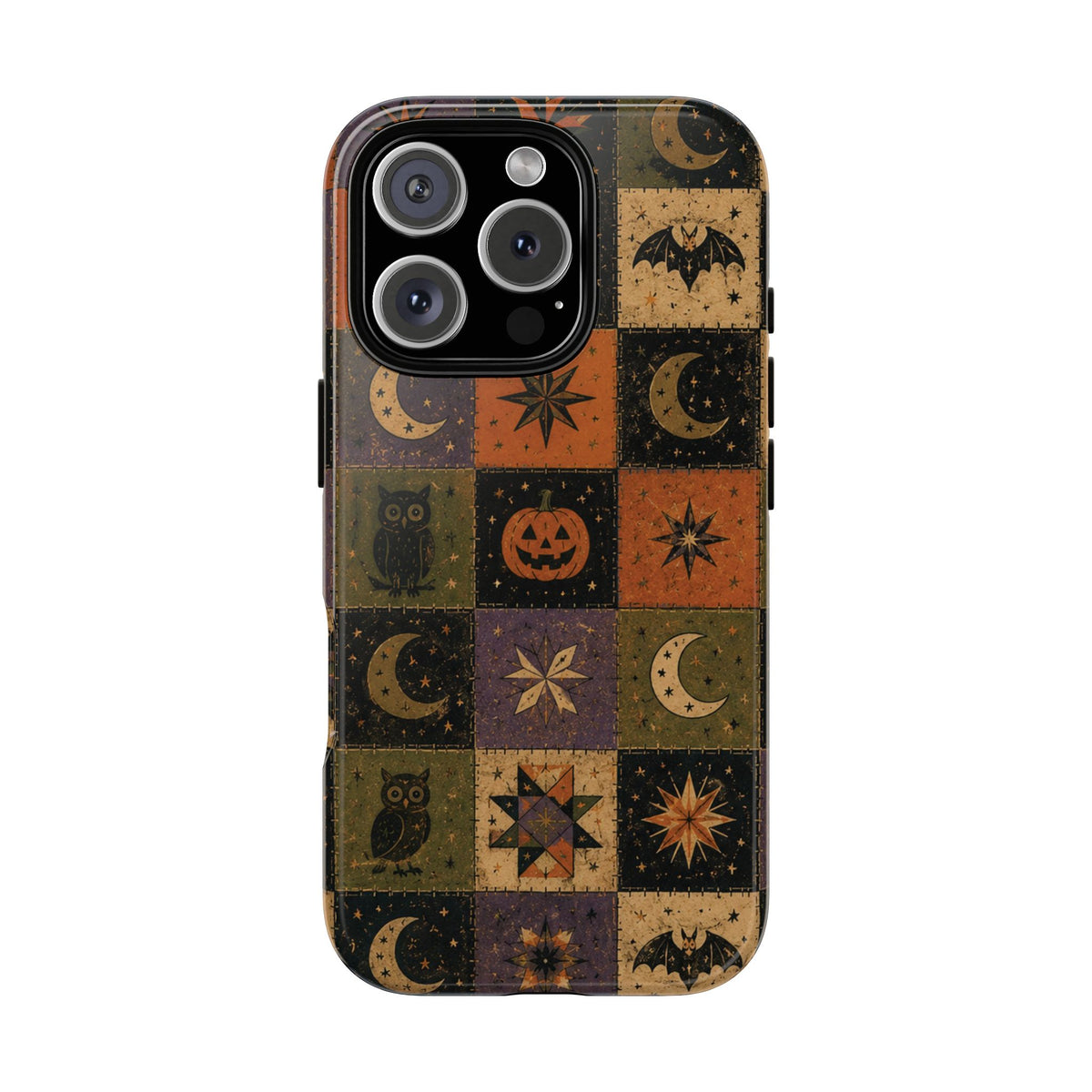 Halloween quilt tough phone case with folk-art stars and crescent moons