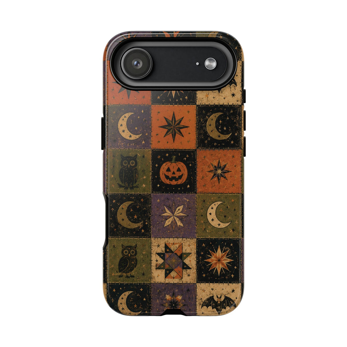 Halloween quilt tough phone case side view with the print over the edges
