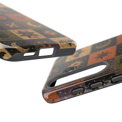Halloween quilt tough phone case in olive, rust and plum patchwork squares