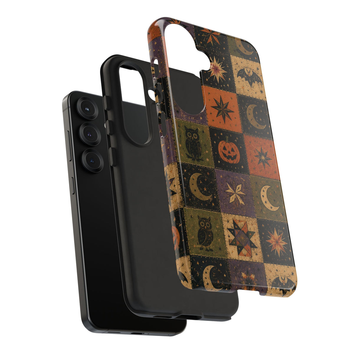 Halloween quilt tough phone case with owl and jack-o-lantern squares