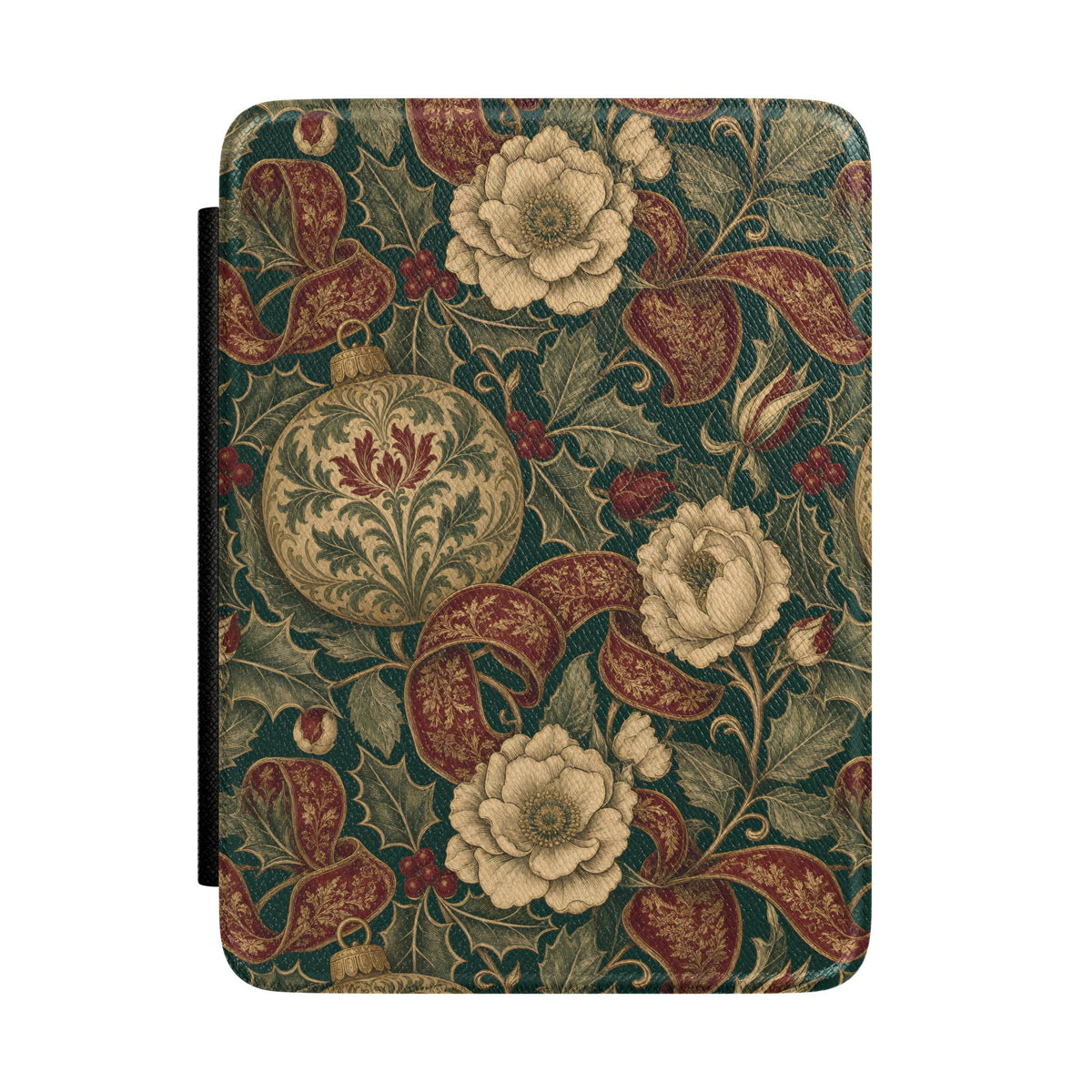 Holly tapestry Christmas Kindle case with cream peonies on forest green