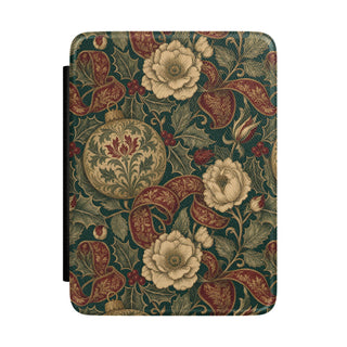 Holly tapestry Christmas Kindle case with cream peonies on forest green