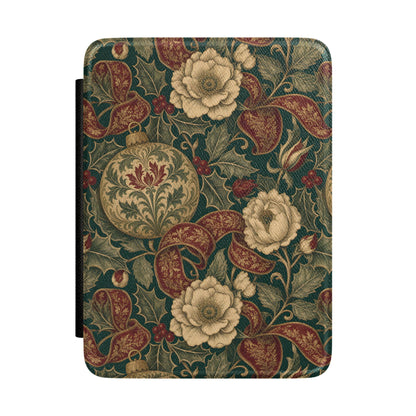 Holly tapestry Christmas Kindle case with cream peonies on forest green