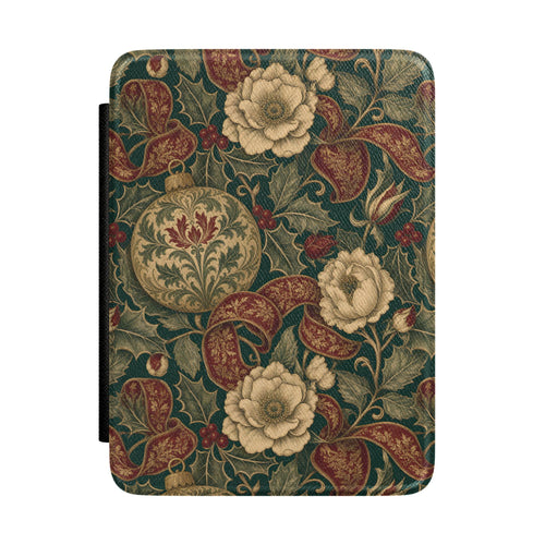 Holly tapestry Christmas Kindle case with cream peonies on forest green