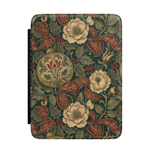 Holly tapestry Christmas Kindle case with cream peonies on forest green