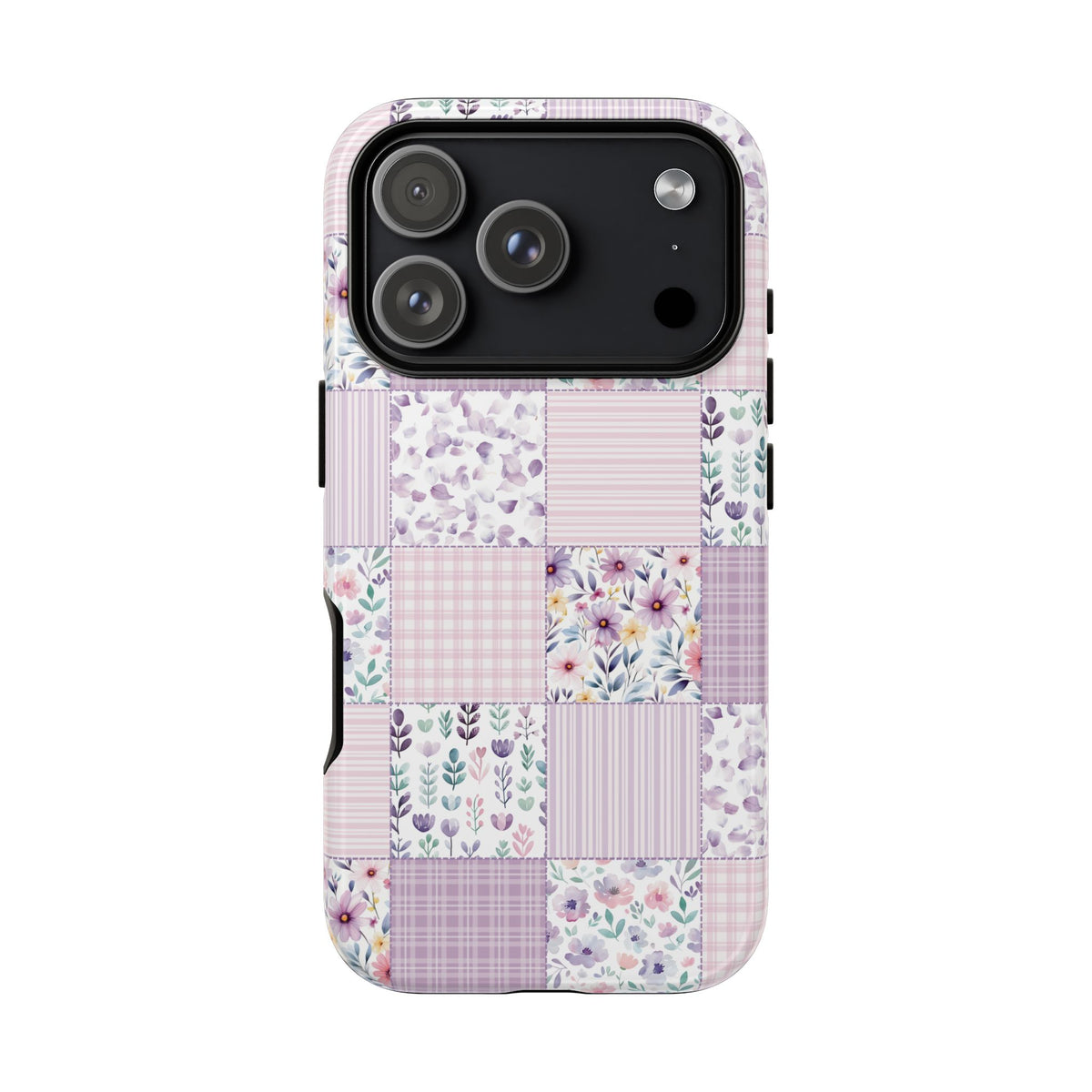 Lavender floral patchwork tough phone case, held in hand