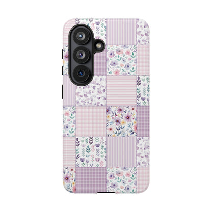 Lavender floral patchwork tough case showing the raised camera edge