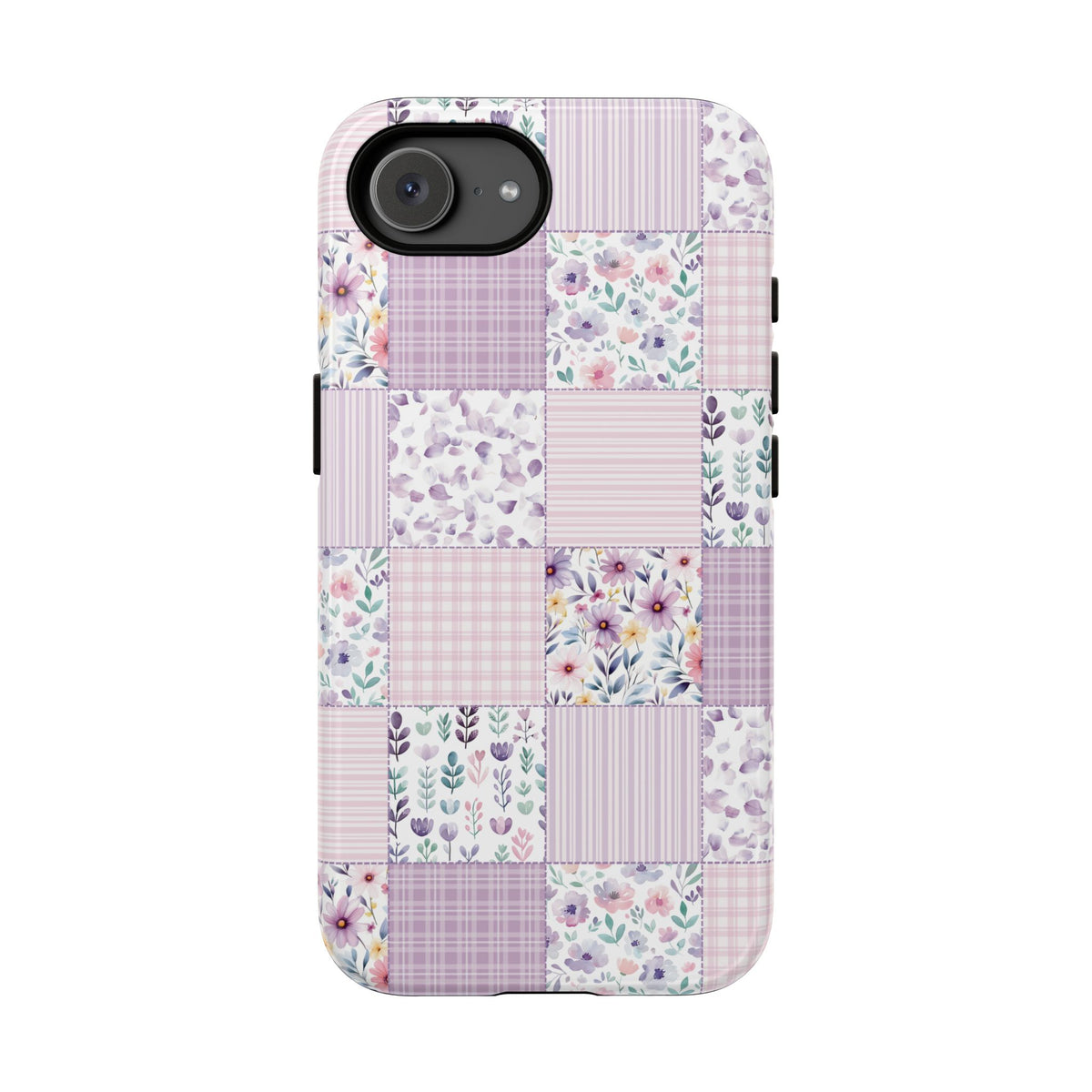 Lavender patchwork tough phone case side view with dual-layer shell
