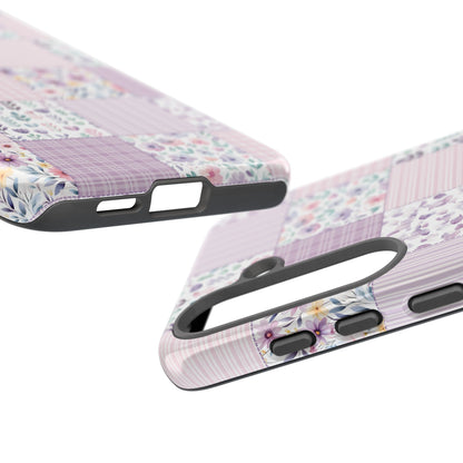 Lavender floral patchwork tough phone case on a soft neutral background