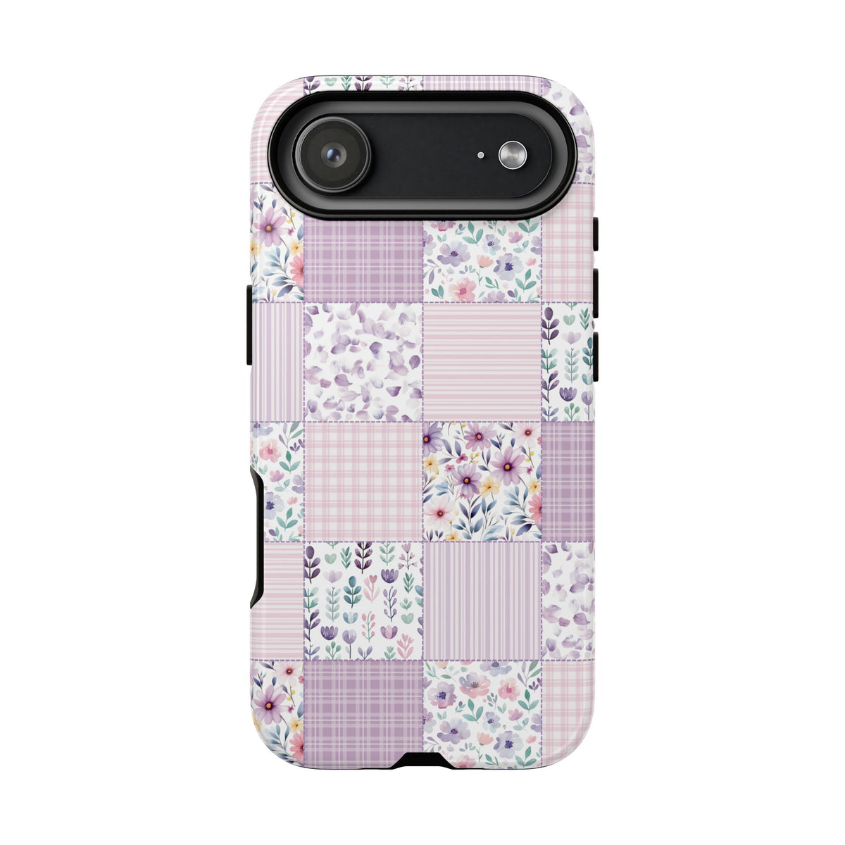 Close-up of the lavender patchwork print with wildflowers and gingham