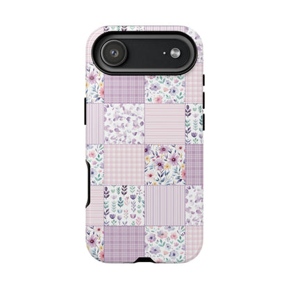 Close-up of the lavender patchwork print with wildflowers and gingham