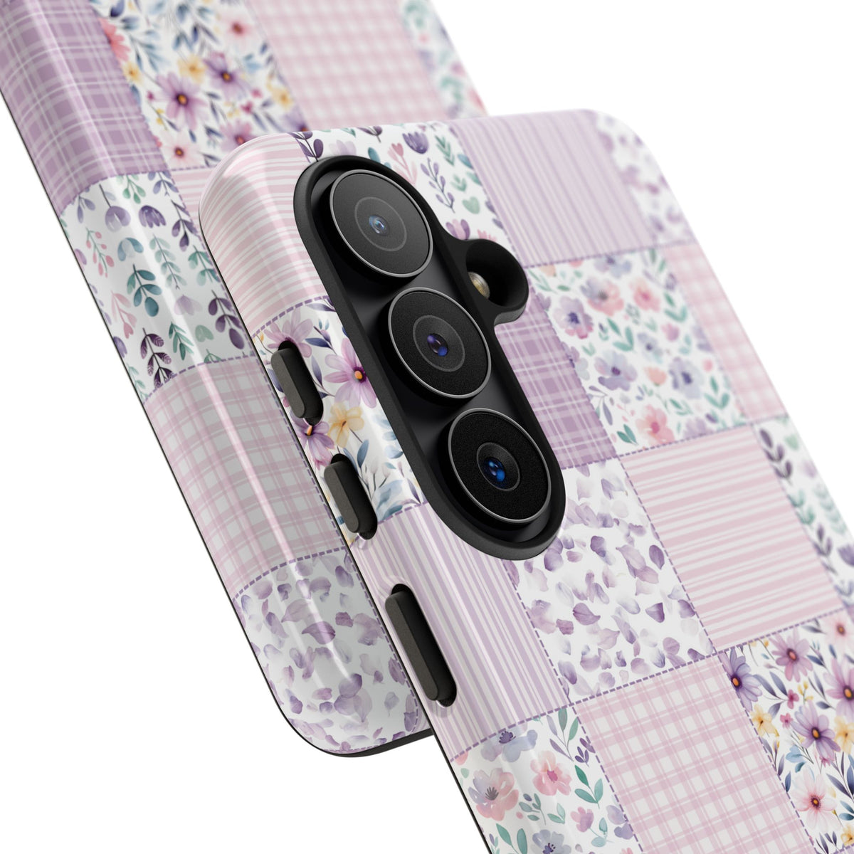Lavender patchwork tough phone case front and back view