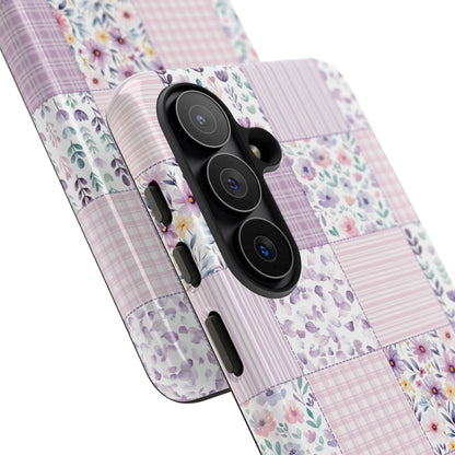 Lavender patchwork tough phone case front and back view