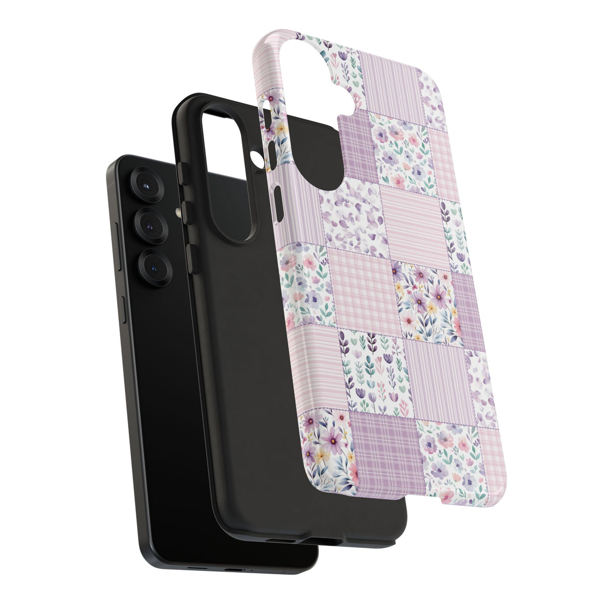 Lavender floral patchwork tough phone case with black bumper edges