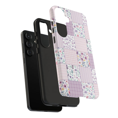 Lavender floral patchwork tough phone case with black bumper edges