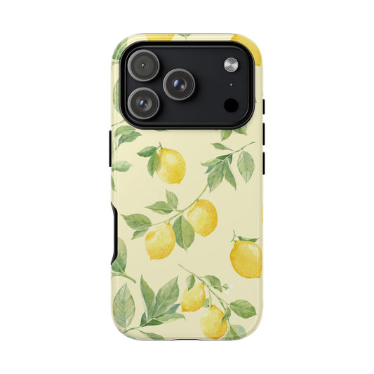Lemon tough phone case in butter yellow with watercolor lemon branches