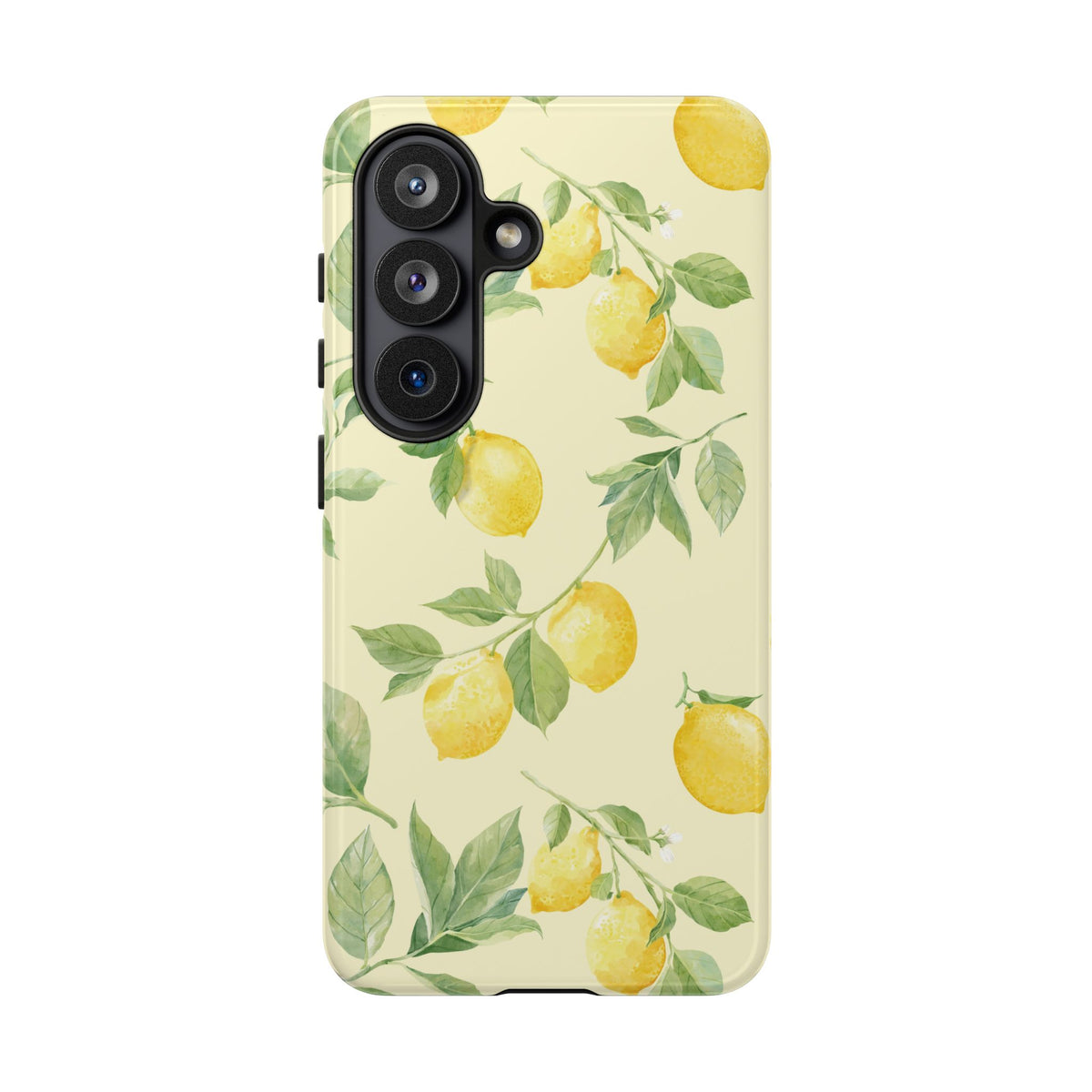Yellow lemon tough phone case with green leaves and small white blossoms