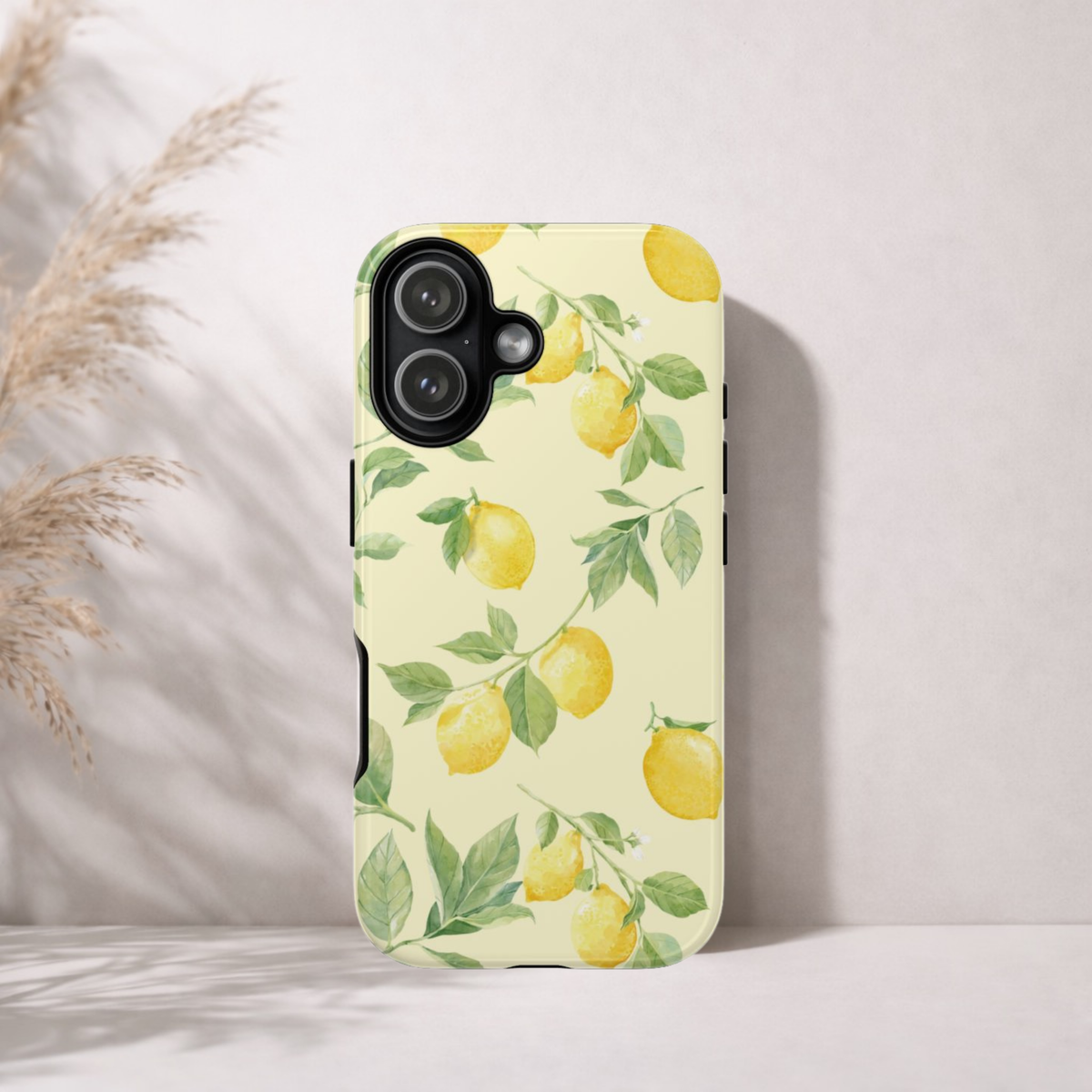 Close up of the watercolor lemon print on the tough shell