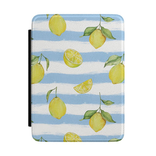 Lemon stripe Kindle case with watercolor lemons on blue and white stripes