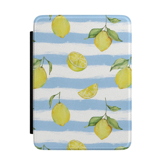 Lemon stripe Kindle case with watercolor lemons on blue and white stripes