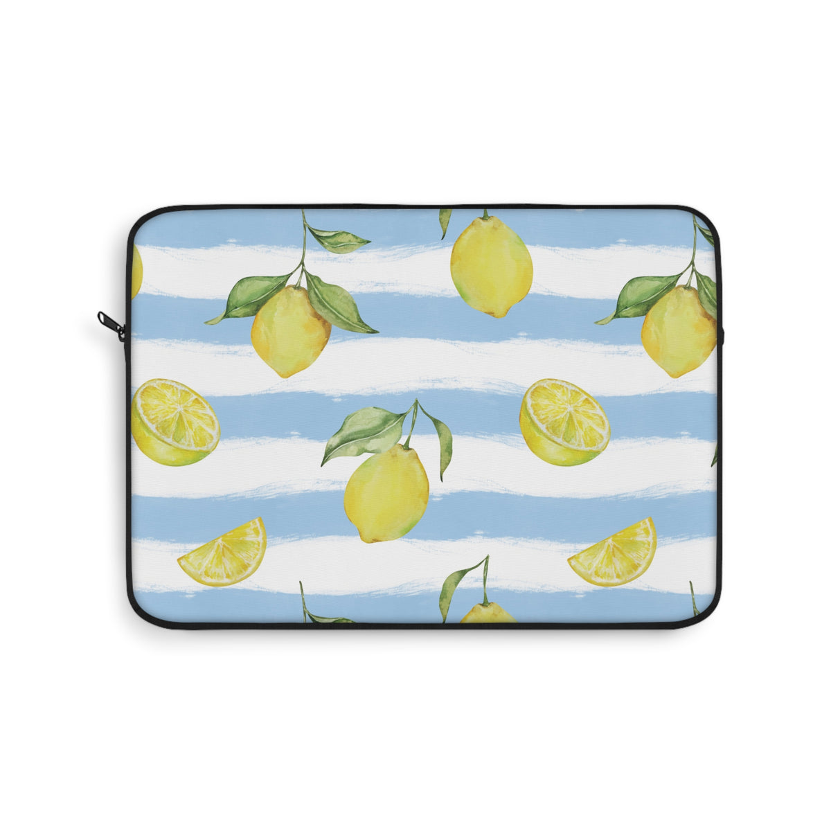 Lemon stripe laptop sleeve with watercolor lemons on blue and white stripes