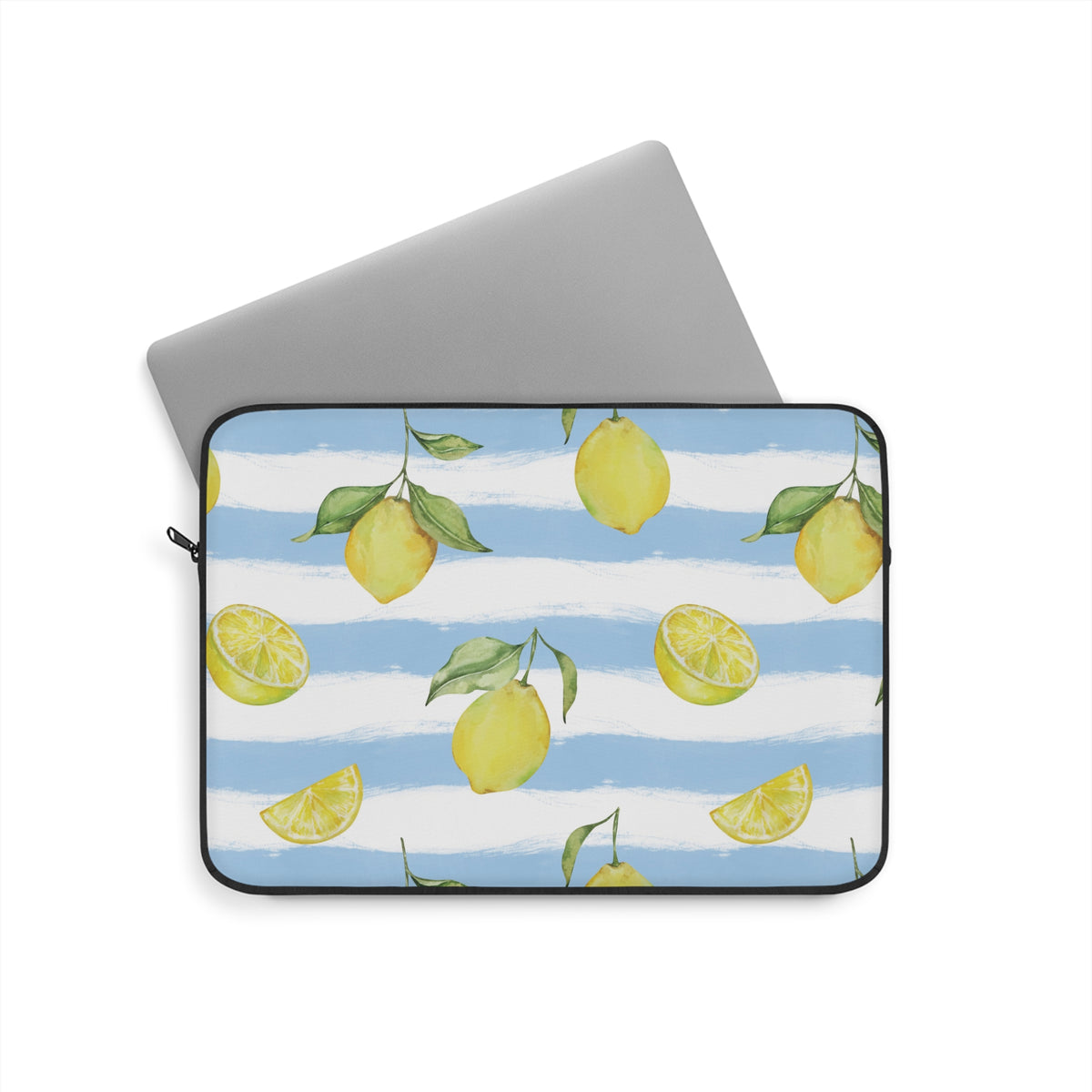 Blue striped lemon laptop sleeve with black zip and edging