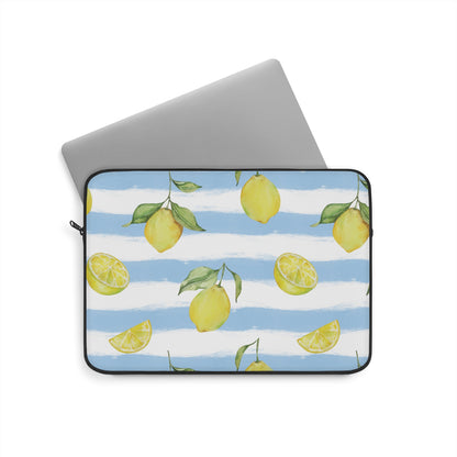 Blue striped lemon laptop sleeve with black zip and edging