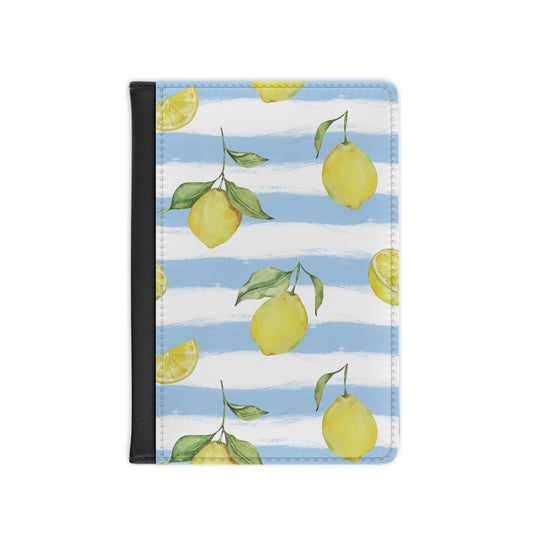 Lemon stripe passport cover with watercolor lemons on blue and white stripes