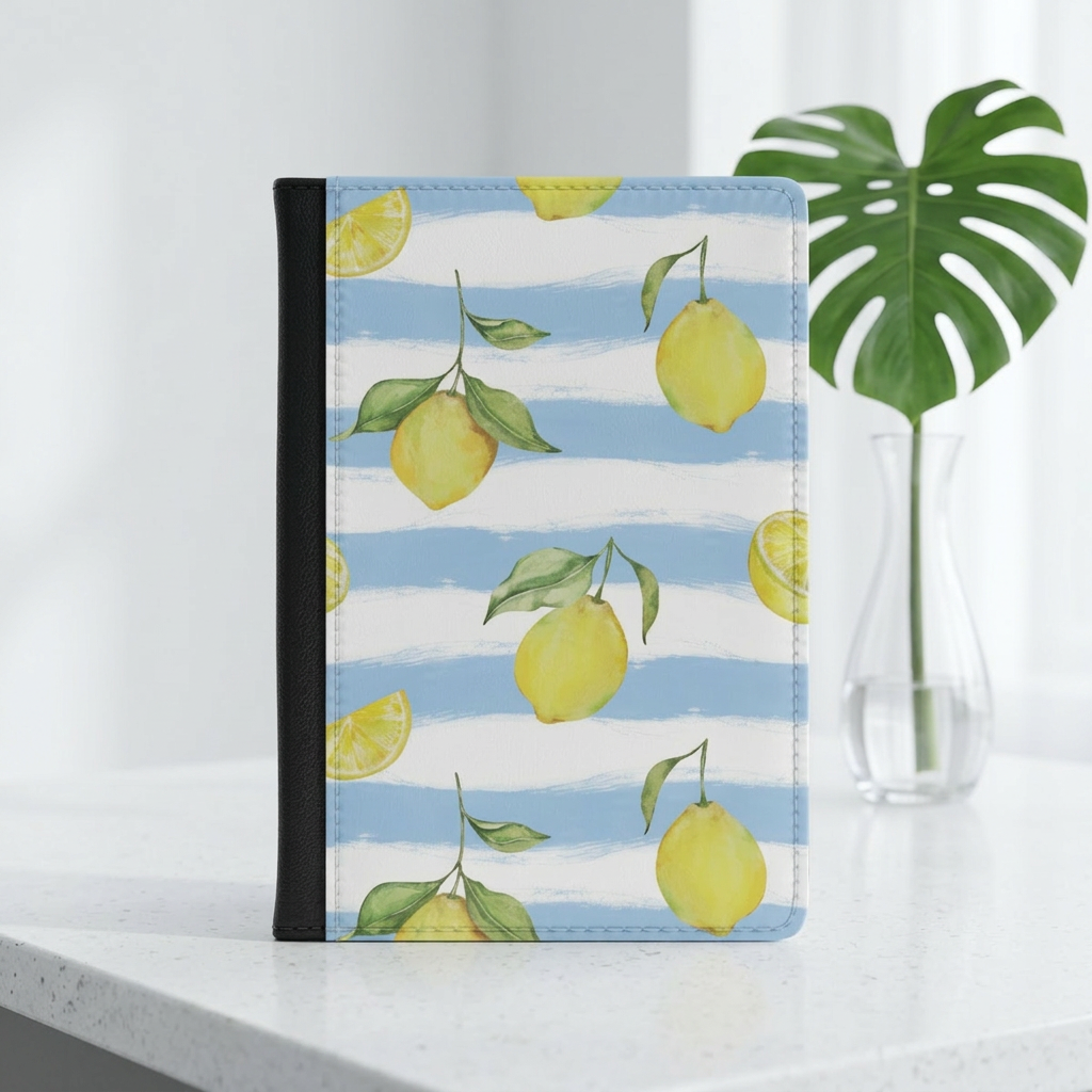 Lemon and blue stripe passport cover print design detail