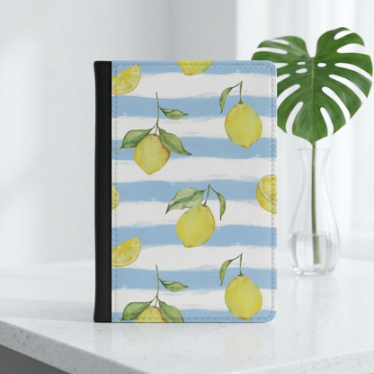Lemon and blue stripe passport cover print design detail