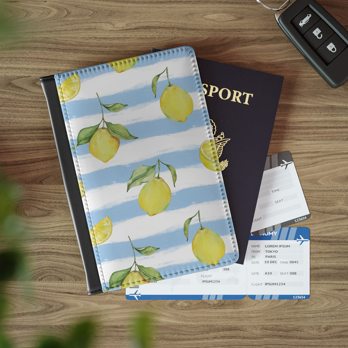 Lemon passport cover with a passport inside