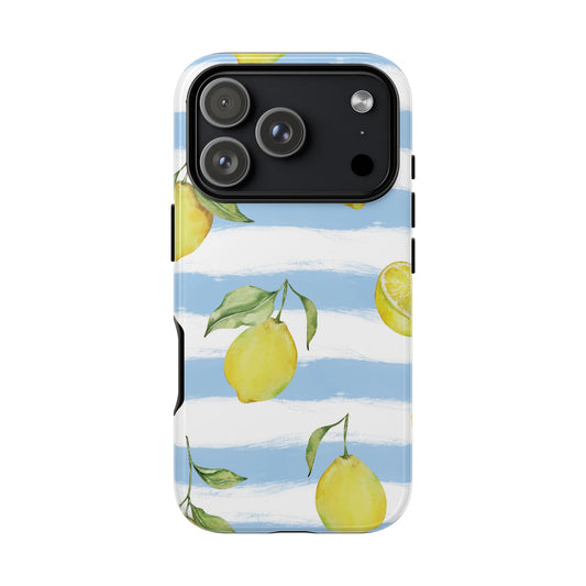 Lemon stripe tough phone case with watercolor lemons on blue and white stripes