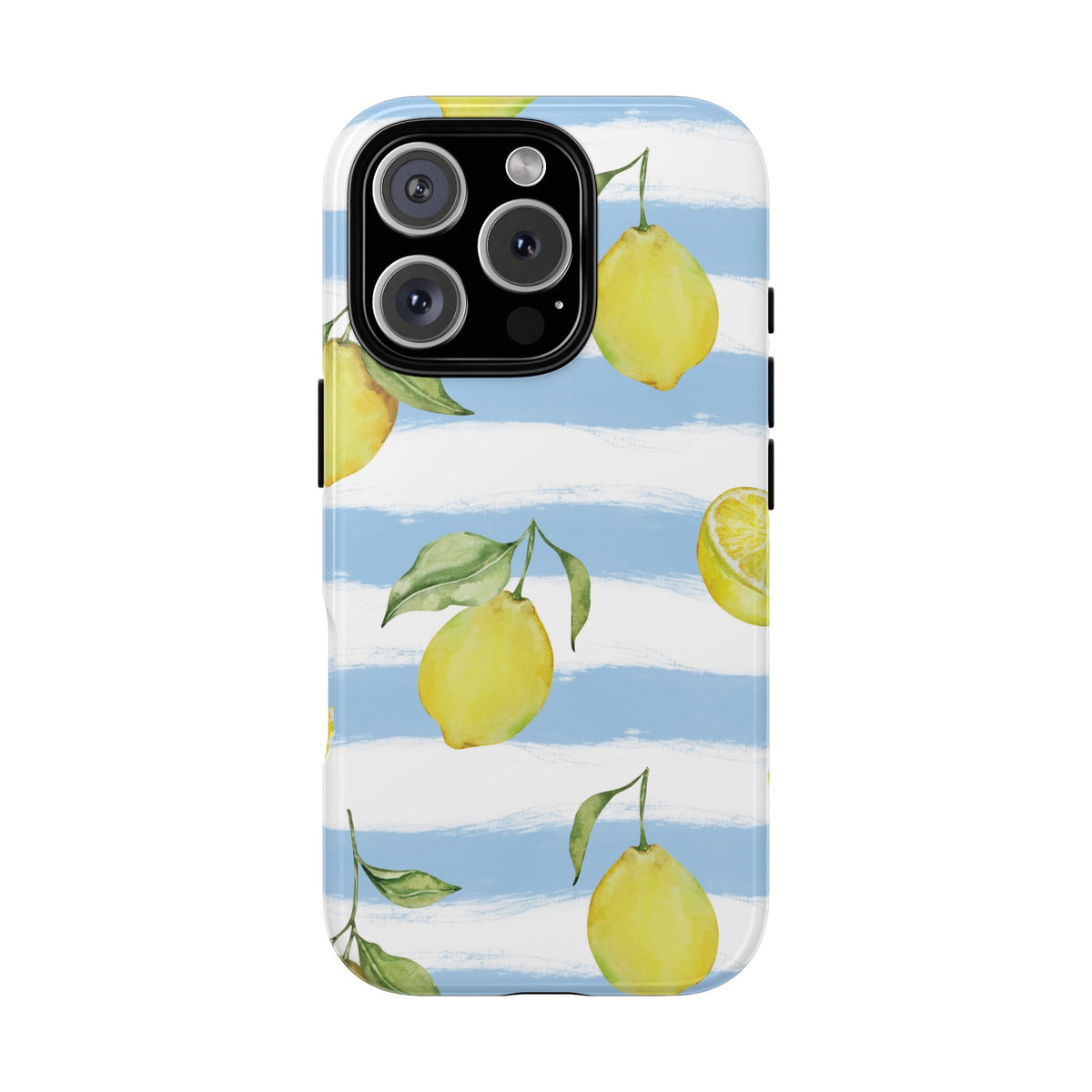Blue striped lemon tough phone case held in hand