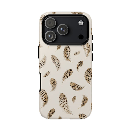 Leopard feather tough phone case in brown and cream