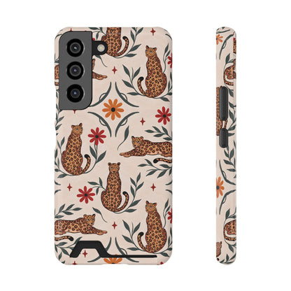 Leopard garden phone case with card holder, illustrated leopards and red daisies on cream
