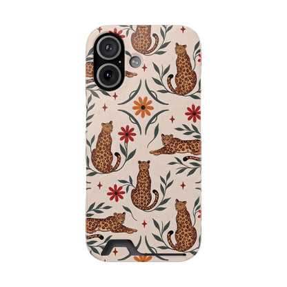 Leopard garden phone case with card holder, illustrated leopards and red daisies on cream