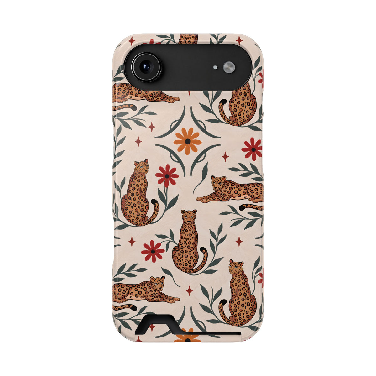 Leopard garden phone case with card holder, illustrated leopards and red daisies on cream