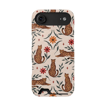 Leopard garden phone case with card holder, illustrated leopards and red daisies on cream