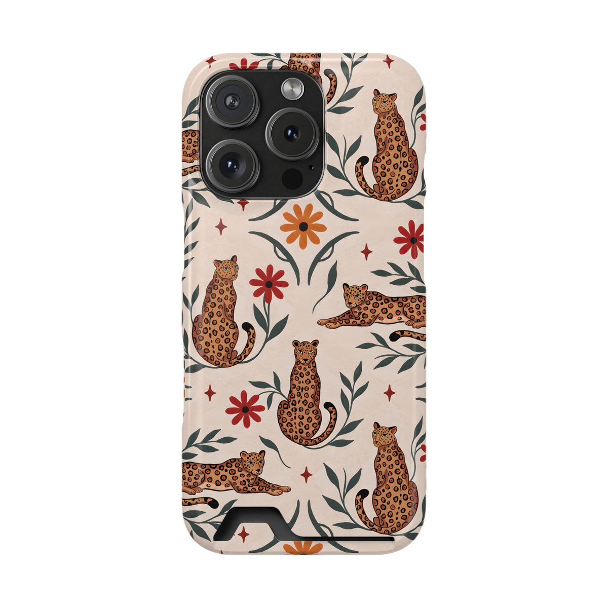 Leopard garden phone case with card holder, illustrated leopards and red daisies on cream