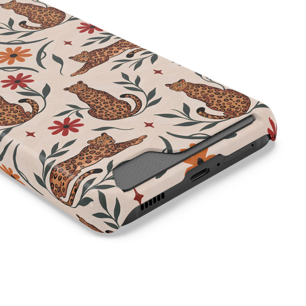 Leopard garden phone case with card holder, illustrated leopards and red daisies on cream