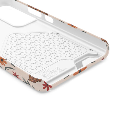 Leopard garden phone case with card holder, illustrated leopards and red daisies on cream