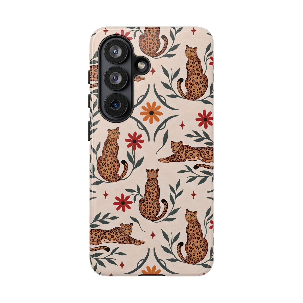 Leopard garden tough phone case, illustrated leopards and red daisies on cream
