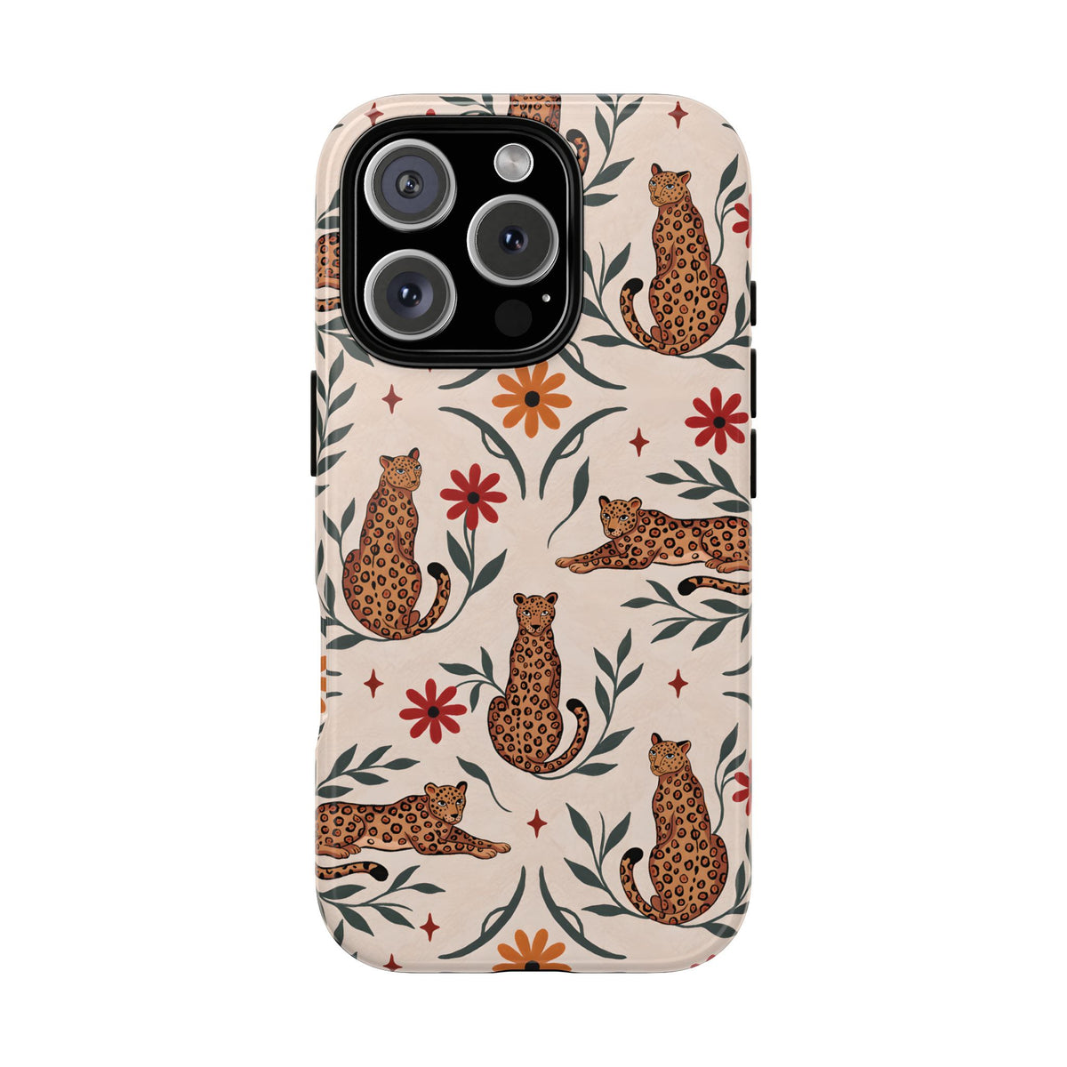 Leopard garden tough phone case, illustrated leopards and red daisies on cream