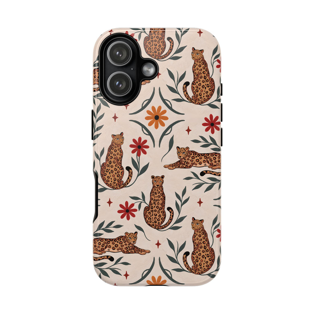 Leopard garden tough phone case, illustrated leopards and red daisies on cream