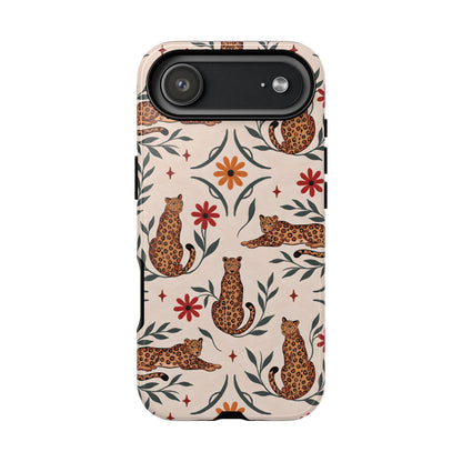 Leopard garden tough phone case, illustrated leopards and red daisies on cream