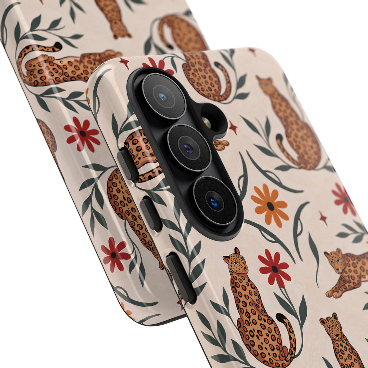 Leopard garden tough phone case, illustrated leopards and red daisies on cream