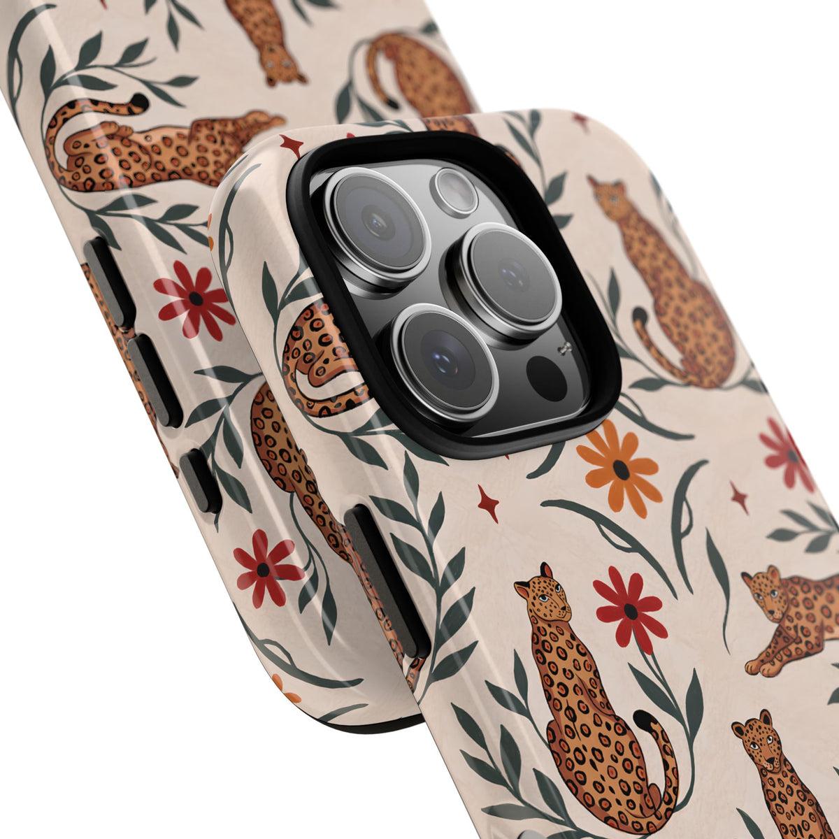 Leopard garden tough phone case, illustrated leopards and red daisies on cream