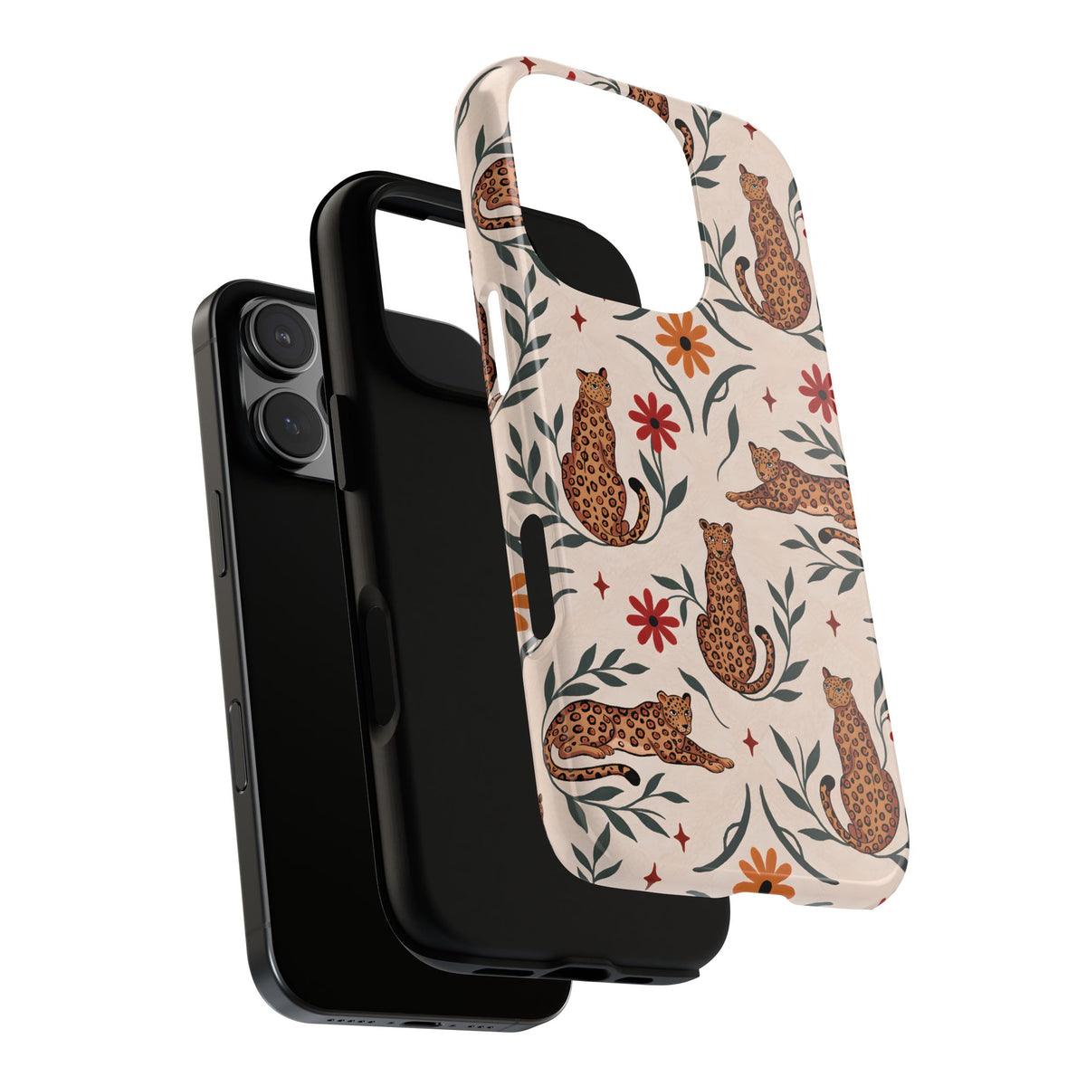Leopard garden tough phone case, illustrated leopards and red daisies on cream