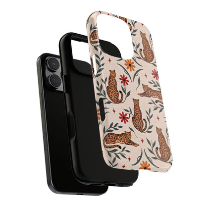 Leopard garden tough phone case, illustrated leopards and red daisies on cream