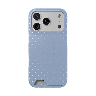 Light blue polka dot phone case with a card slot